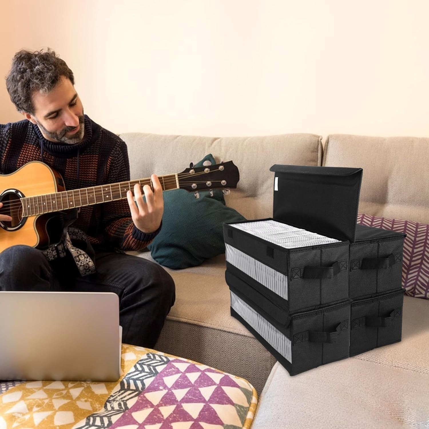 4 Pack CD DVD Storage Boxes Stackable Fabric Organizer Cases with Lids