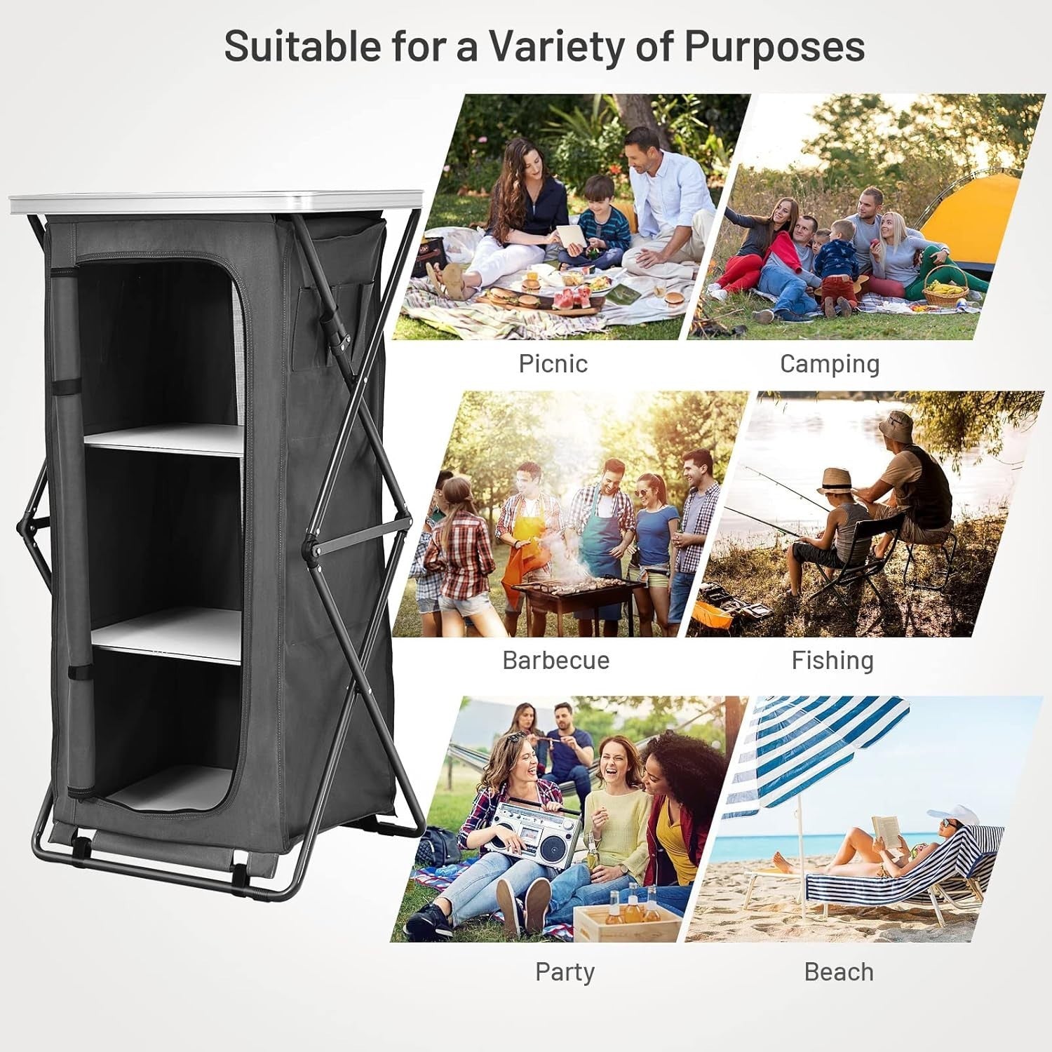 Folding Camping Cupboard 3 Shelves Waterproof Portable BBQ Storage Unit
