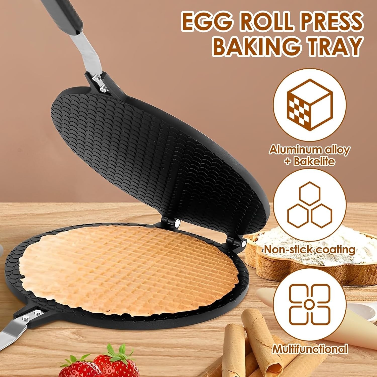 Non-Stick Waffle Cone & Egg Roll Pan | 22cm Aluminum Crepe Maker for Gas Stove