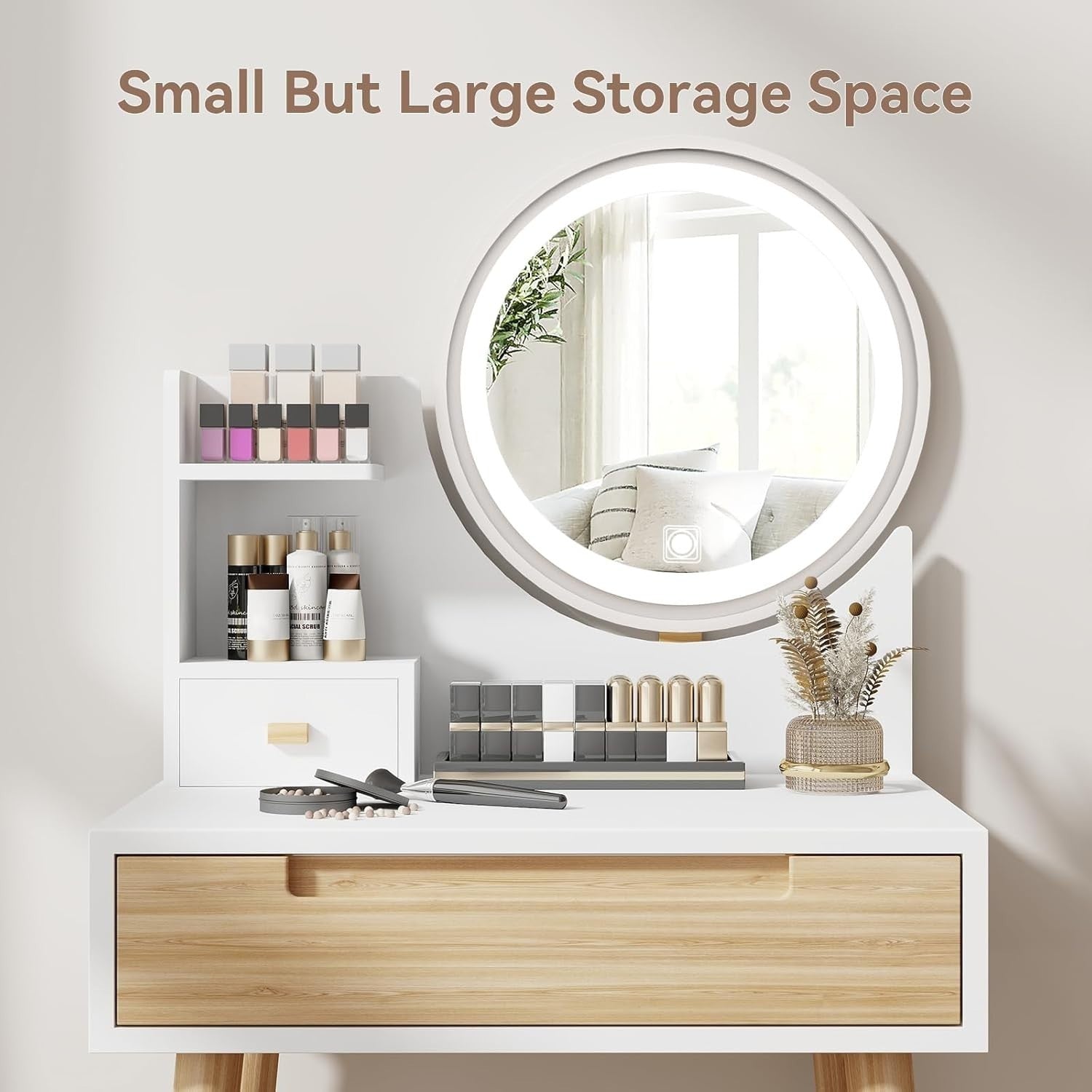 Small Space Vanity Desk Dressing Table Mirror 3-Light Modes Drawer Stool Wood