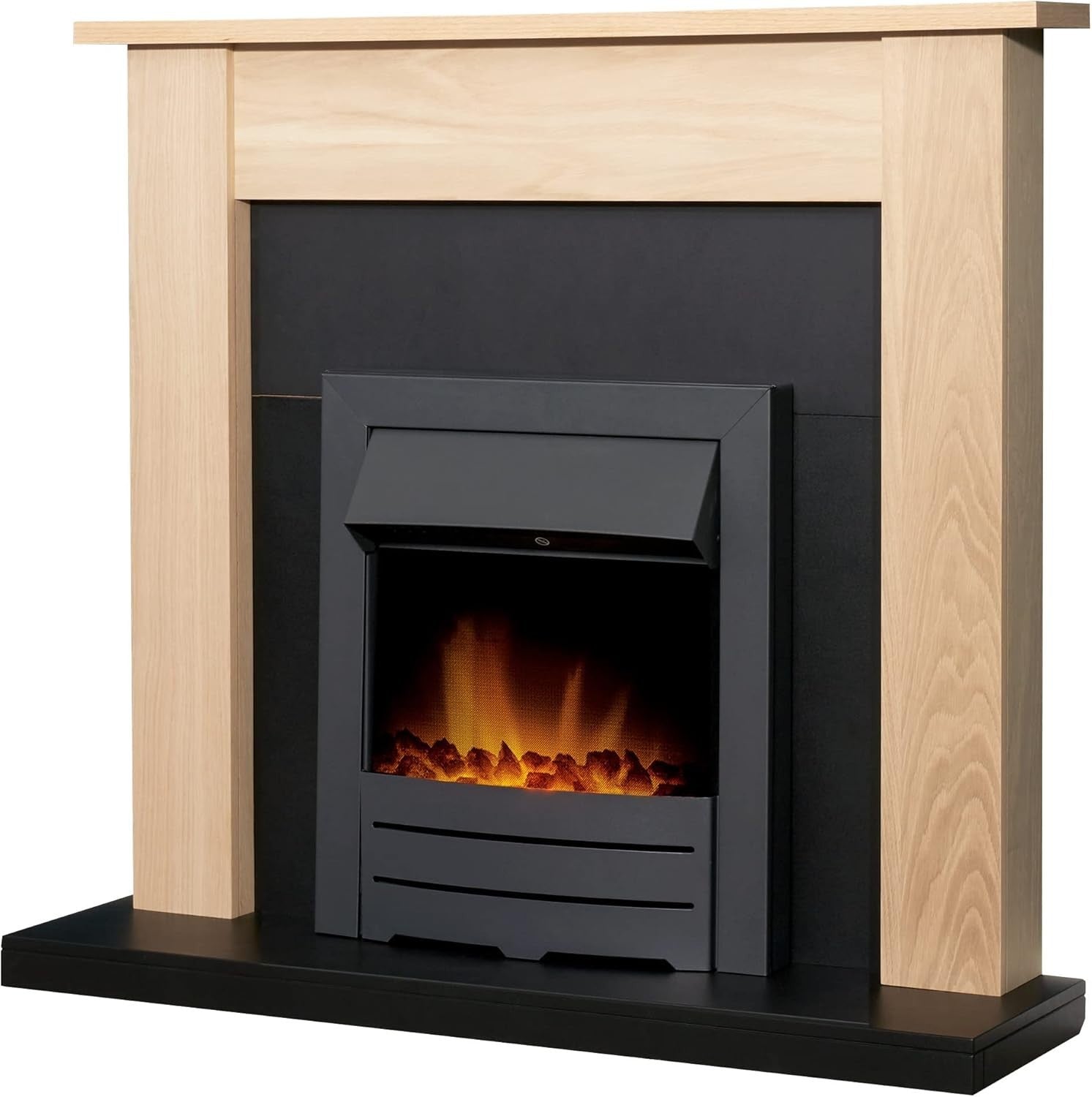 43" Oak Black Wall Electric Fireplace Suite 2kW Heat LED Flame Flat Wall