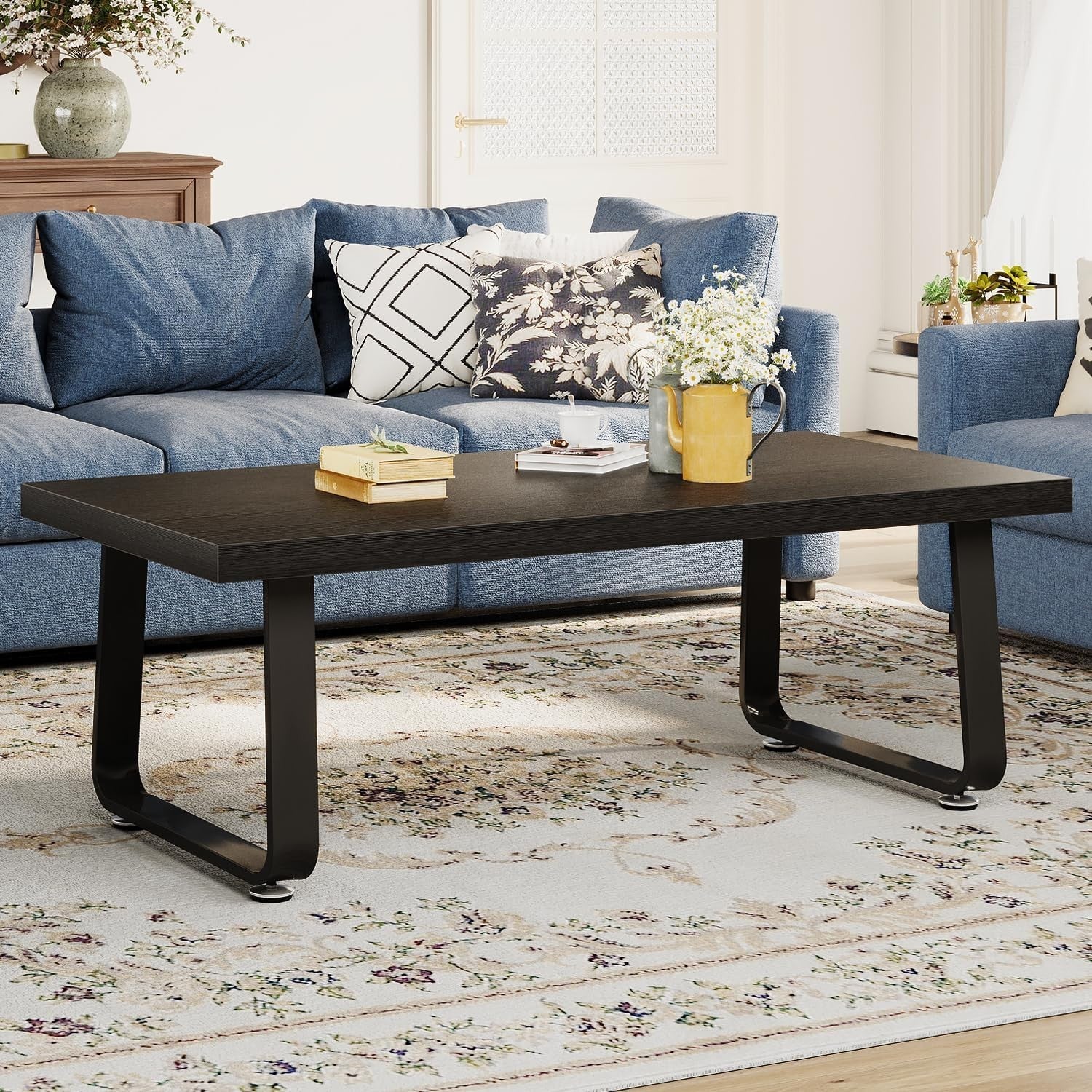 Black Oak Coffee Table 120x60x46.5cm Metal Frame, Industrial Minimalist