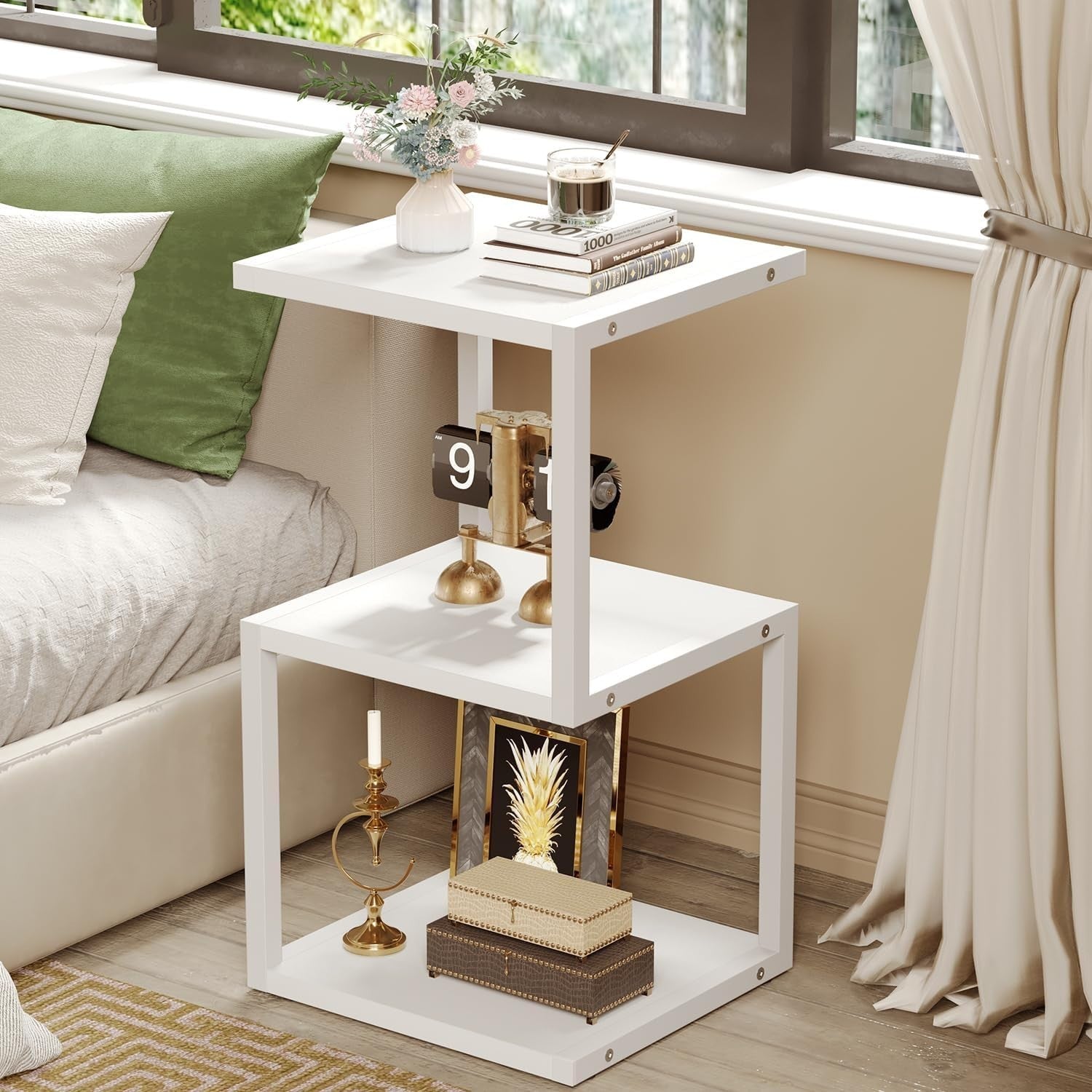 3-Tier S-Shape Side Table with Storage | White Nightstand 40x30x75cm