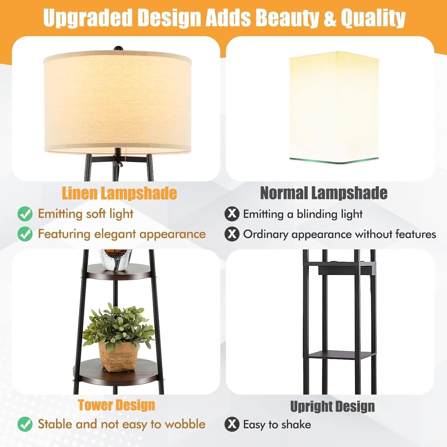 Tripod Floor Lamp with 3 Wooden Shelves & Linen Shade, E27 Socket
