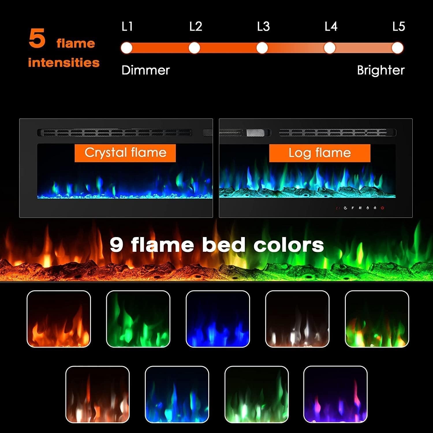 Electric Wall-Mounted Fireplace Heater 1800W Touch Screen Flame Effect