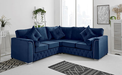 Blue Plush Velvet 5-Seater Corner Sofa – Fullback & Button Detail