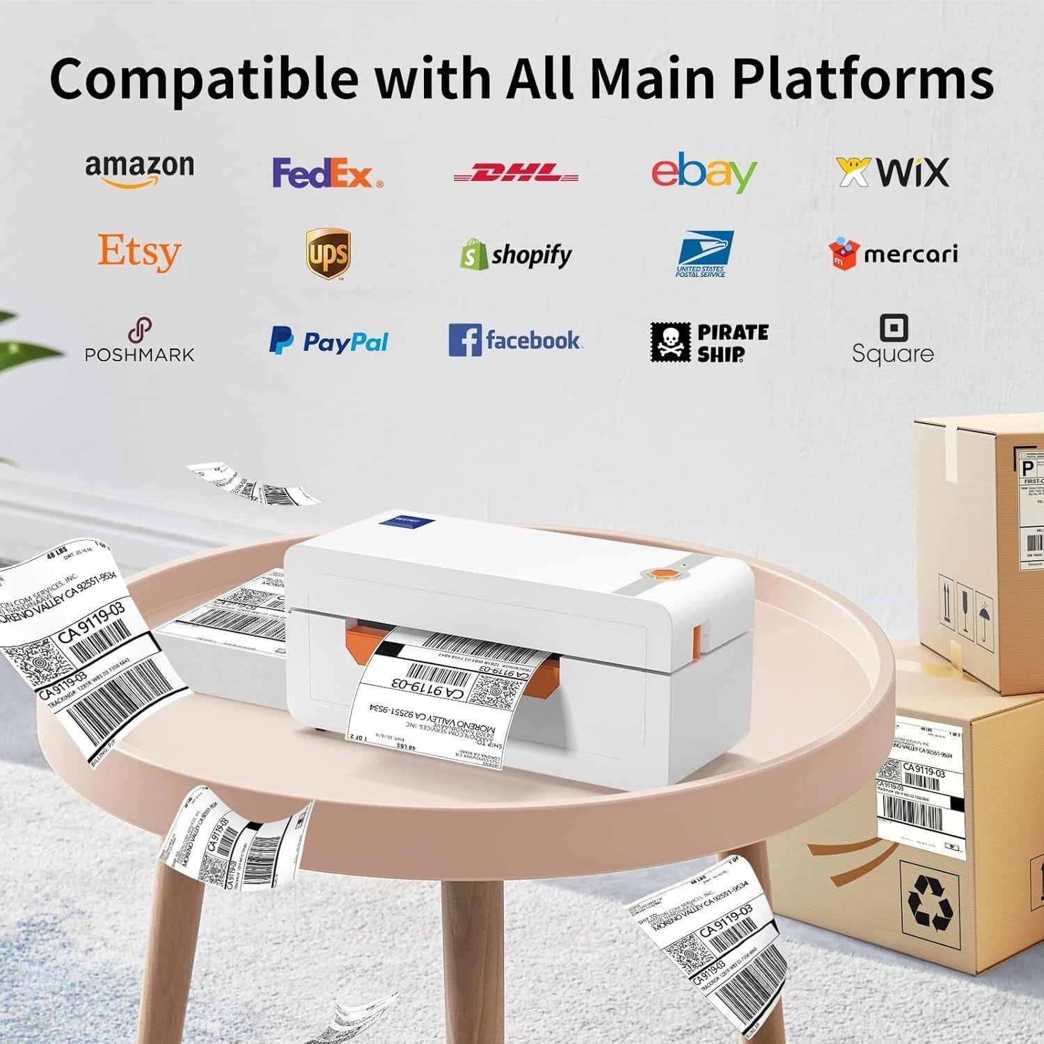 White Bluetooth Thermal Label Printer 4x6, 203DPI, Shipping Labels