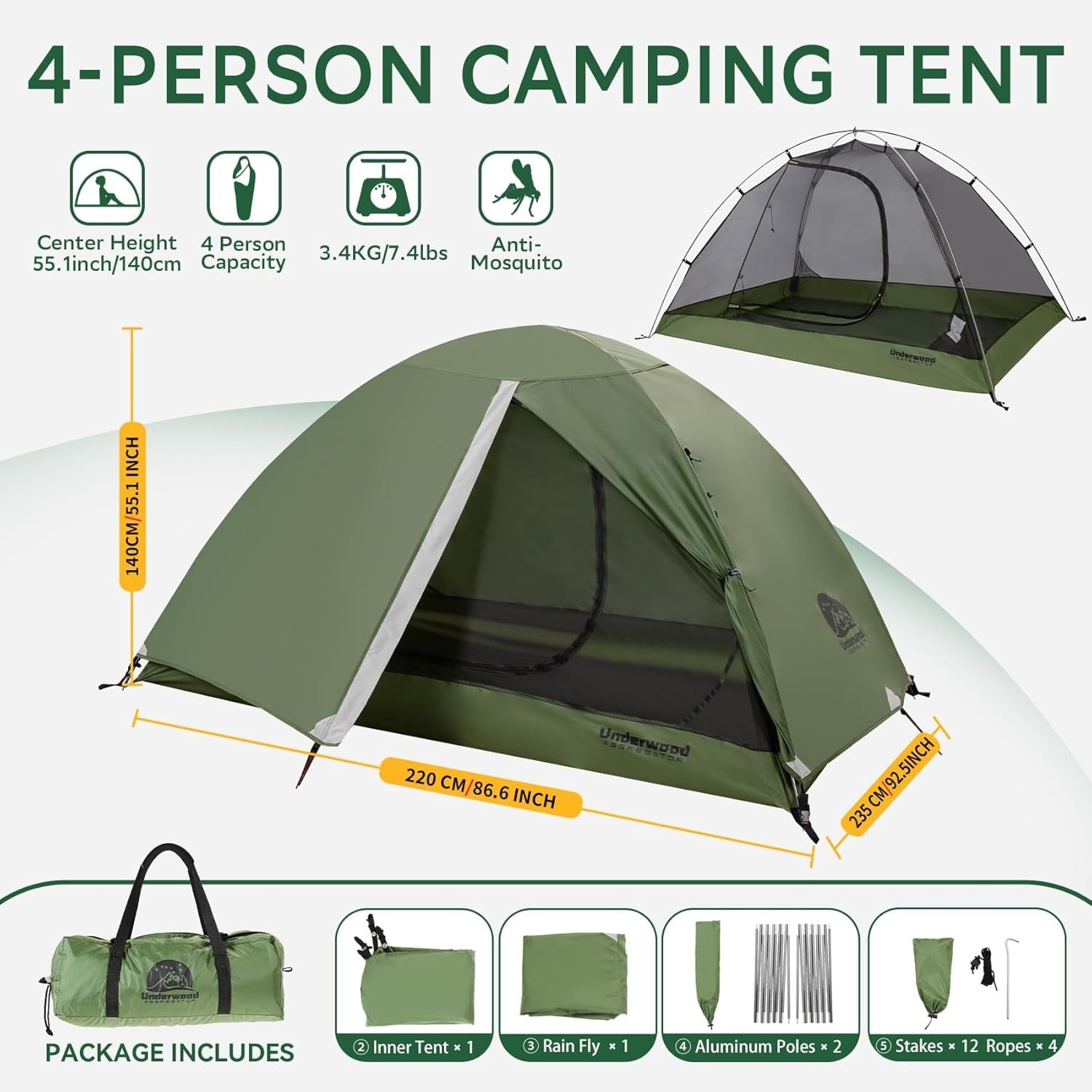 4 Man Camping Tent Lightweight Waterproof Dome 3 Season Hiking