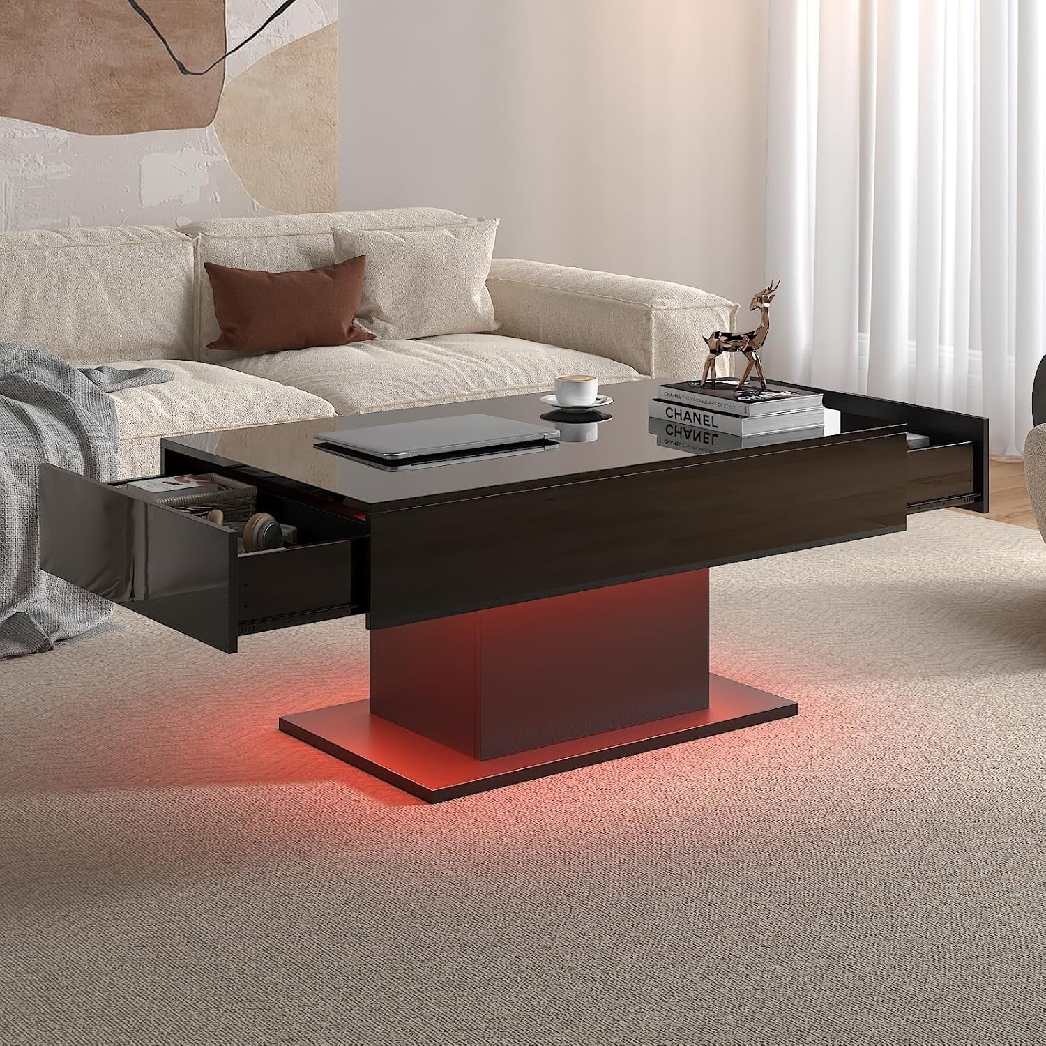 Modern LED Coffee Table with 2 Drawers, High Gloss Black 110x55cm
