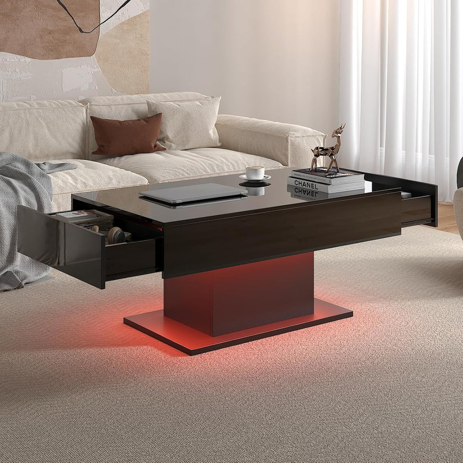 Modern LED Coffee Table with 2 Drawers, High Gloss Black 110x55cm