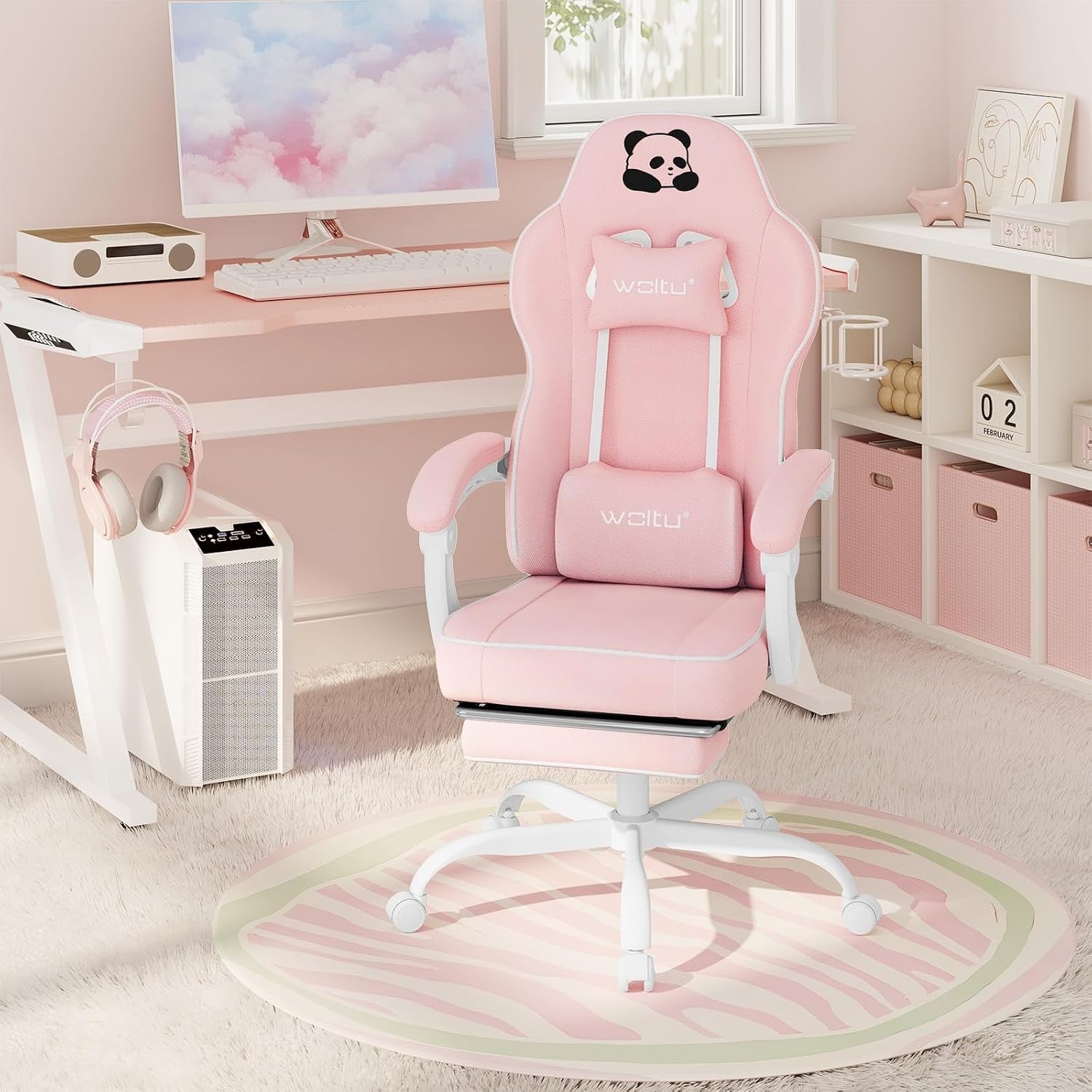 Ergonomic Gaming Chair w/ Pocket Spring Cushion Footrest 150kg Pink