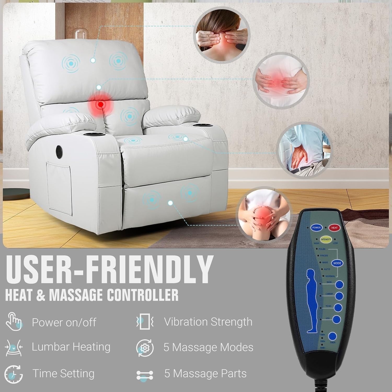 Massage Rocker Recliner with Heat 360° Swivel USB Ports Vibration Light Grey