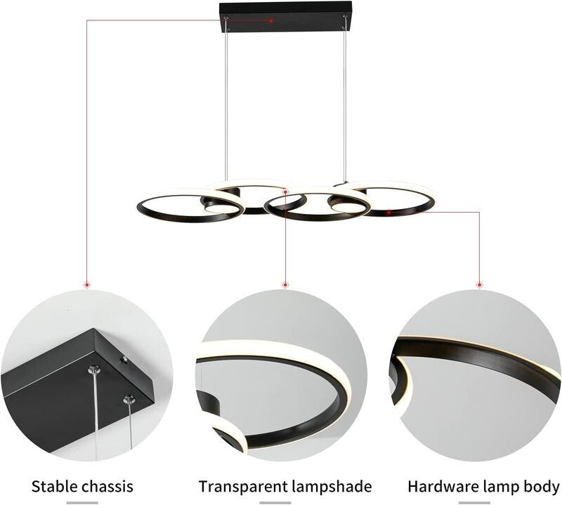 Black LED Ring Chandelier 4 Ring Dimmable Pendant Light for Kitchen