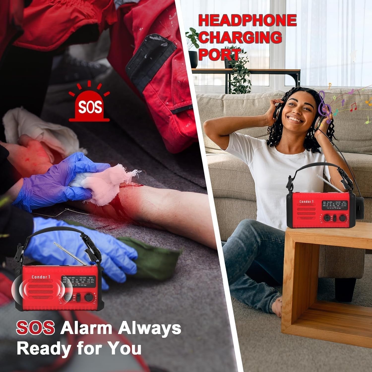 Emergency Solar Hand Crank Radio 20000mAh AM/FM/NOAA Flashlight Red