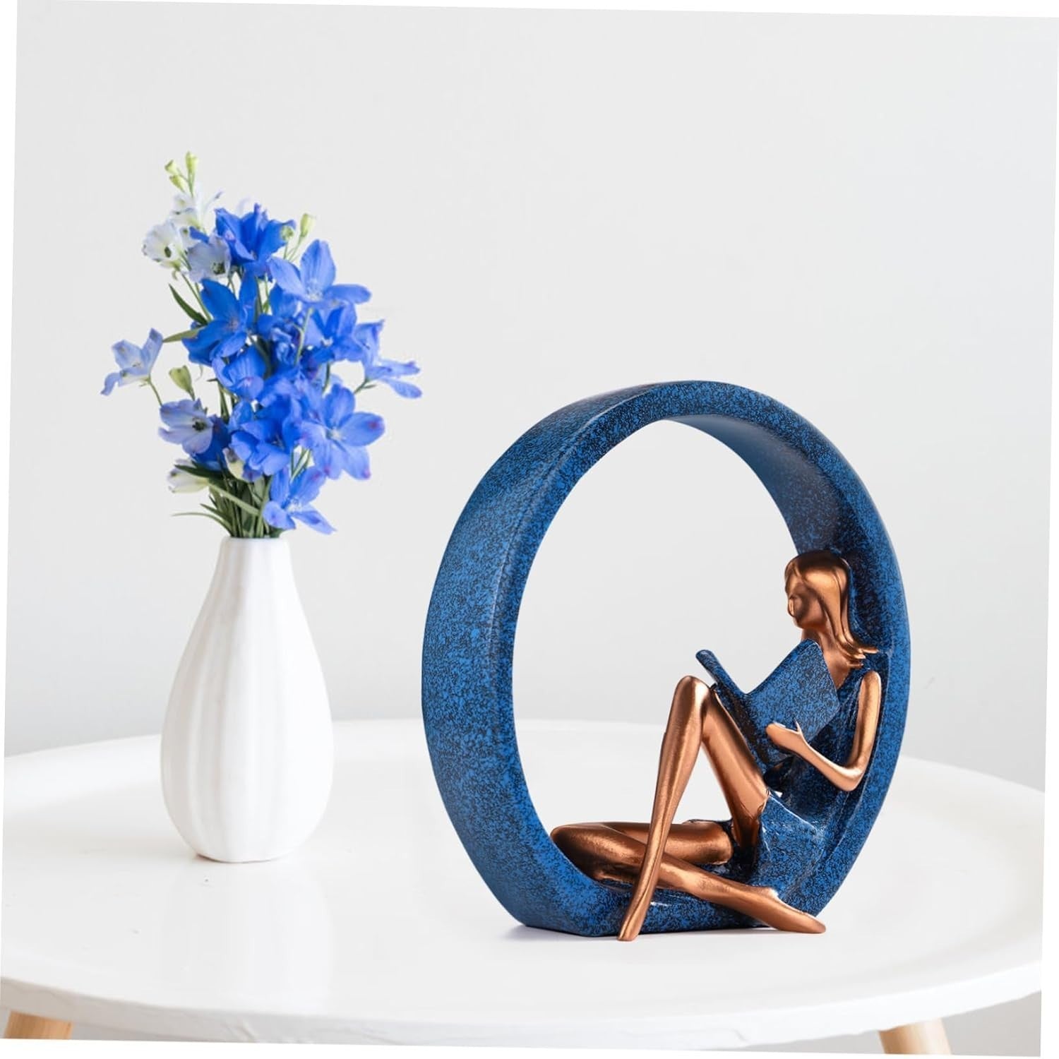 Modern Reading Girl Statue • Blue Resin Ring Sculpture • Elegant