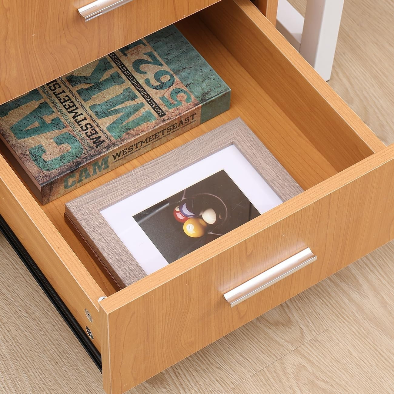 Walnut Mobile Filing Cabinet Lockable 3 Drawer A4 Under Desk Storage