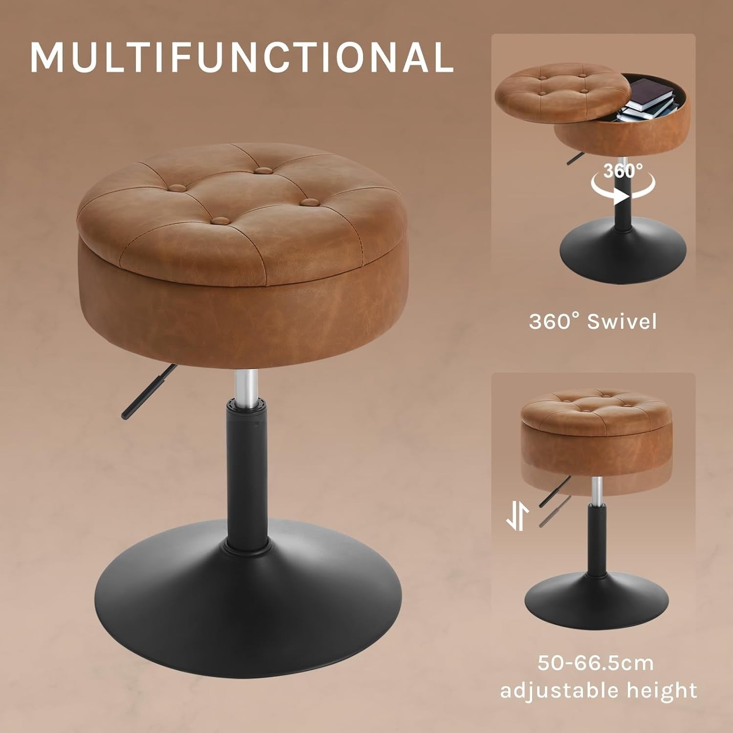 Brown Swivel Vanity Stool with Storage Vintage Faux Leather Adjustable Seat