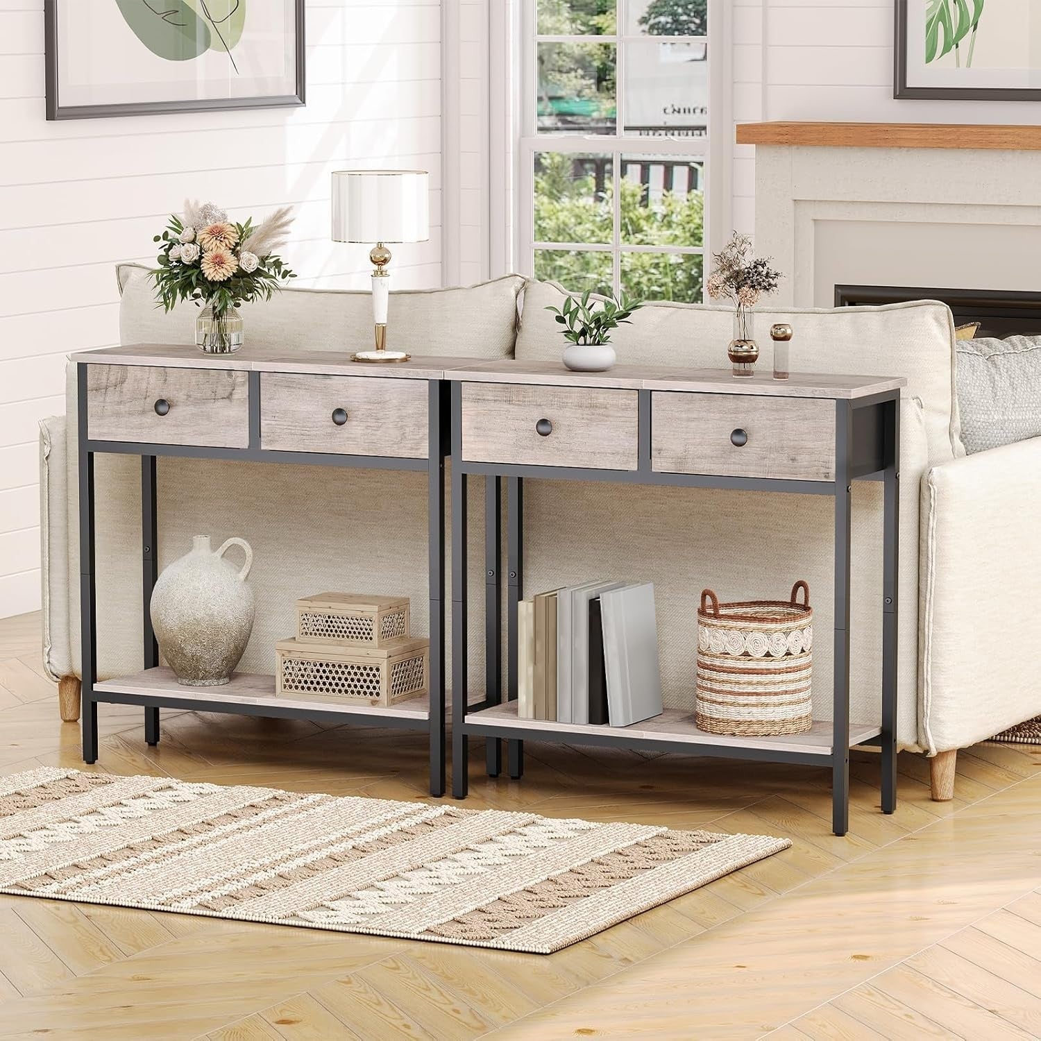 Slim Narrow Console Table with 2 Drawers & Lower Shelf for Small Spaces
