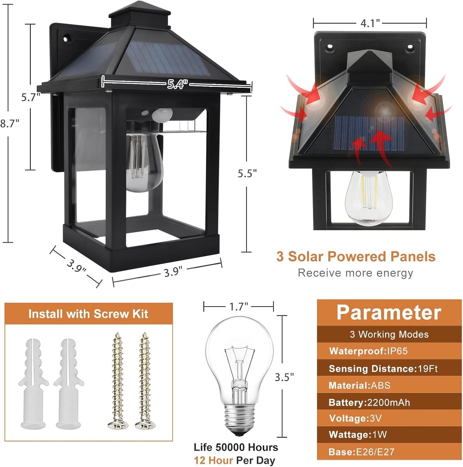 2 Pack Solar Wall Lights Outdoor Motion Sensor 3 Modes IP65 Black