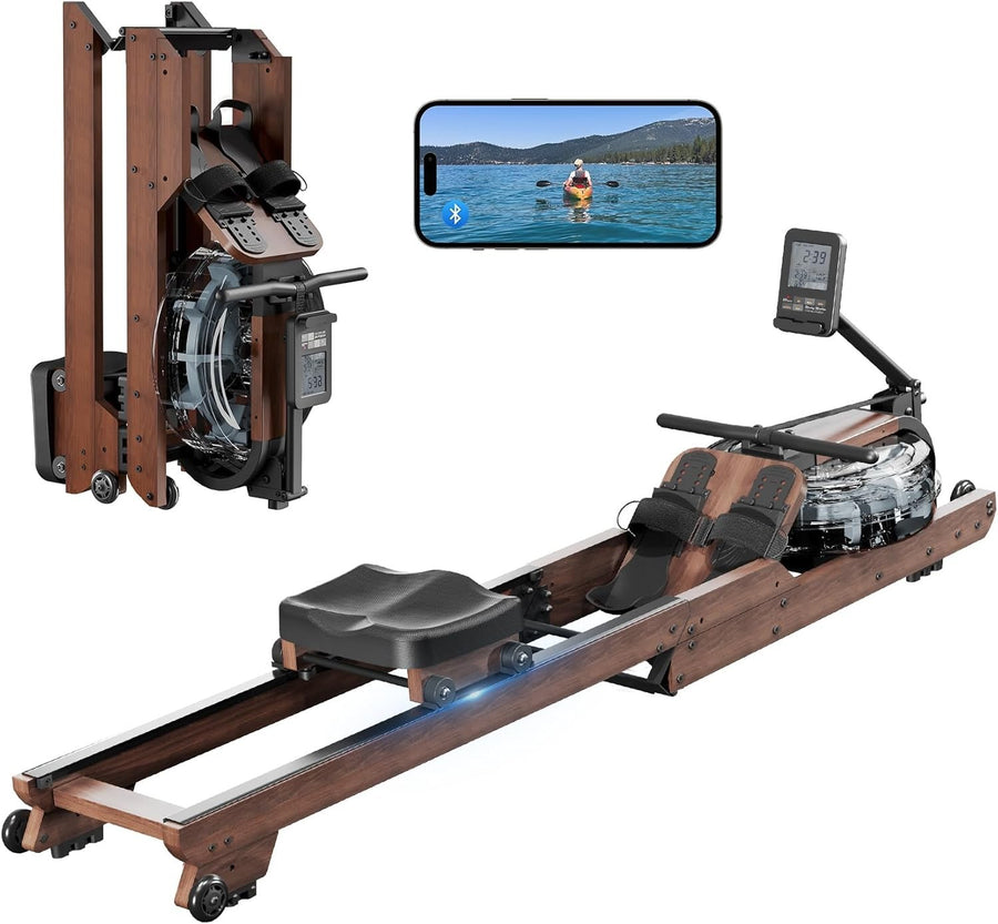 Foldable Oak Wood Water Rowing Machine Bluetooth LCD Home Rower 400LB