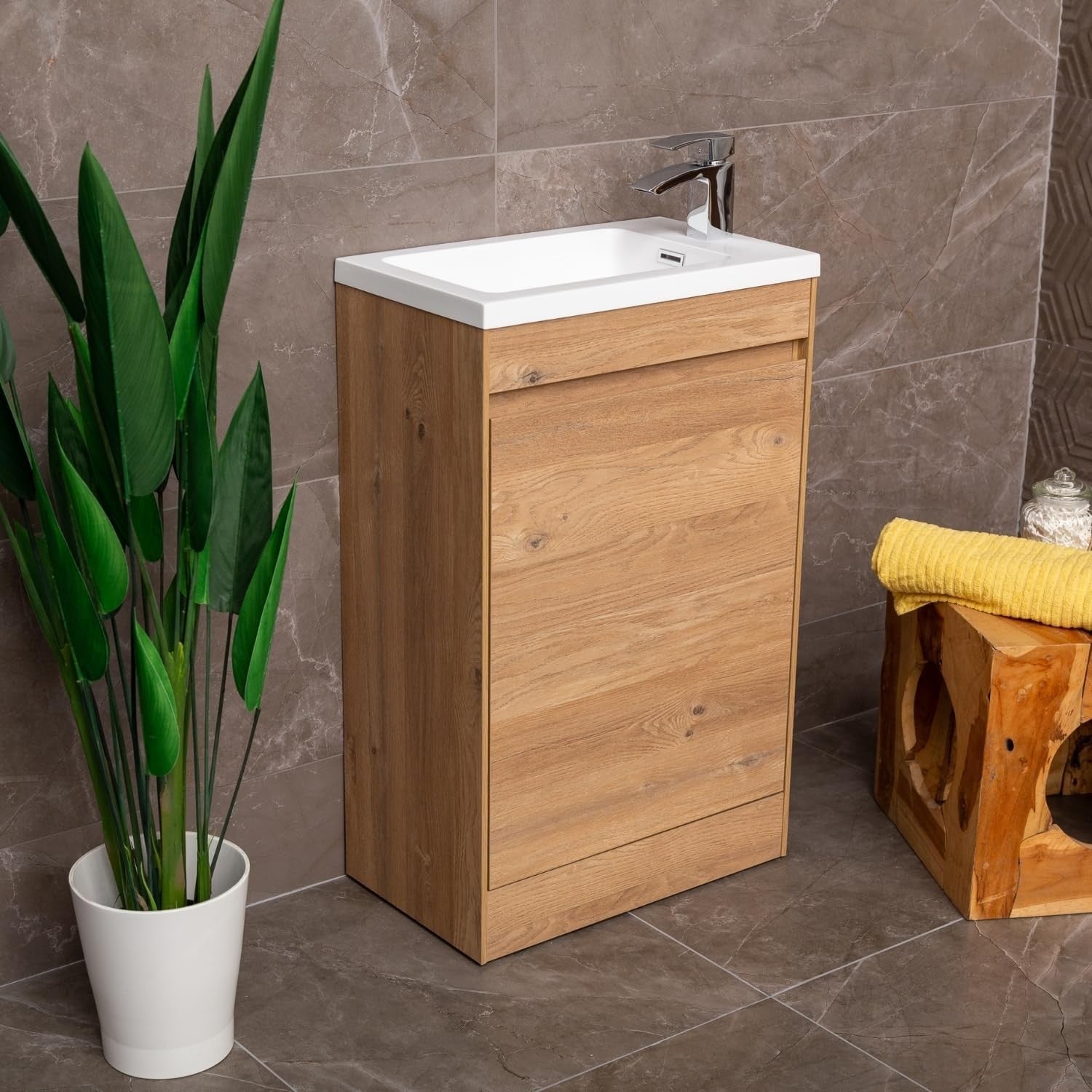 550mm Natural Oak Floor Standing Vanity Unit with Polymarble Basin & Soft Close