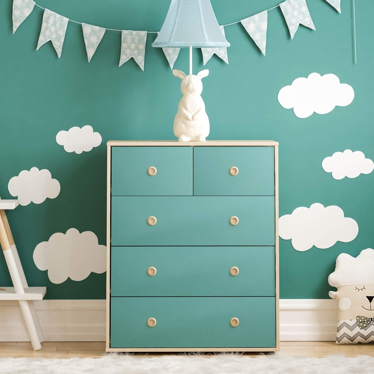 Modern Kids 5-Drawer Chest Blue & Oak – Stylish Compact Bedroom Storage