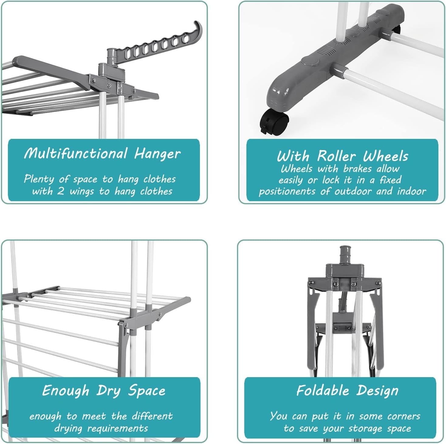 4 Tier Clothes Airer Folding Laundry Drying Rack with Wheels Space Saving