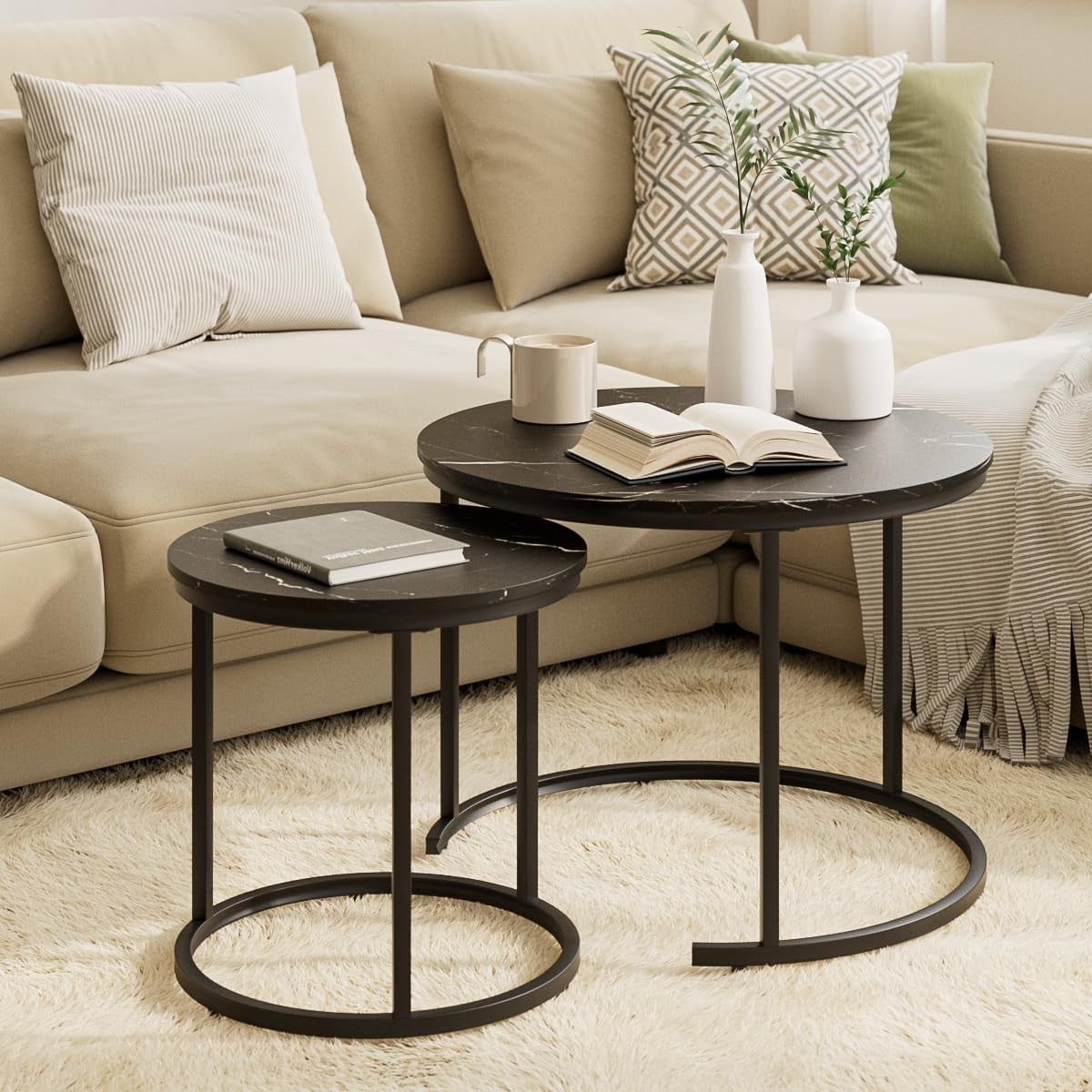 Round Nesting Coffee Tables Set of 2 – Grey Top Black Frame, Space- Black