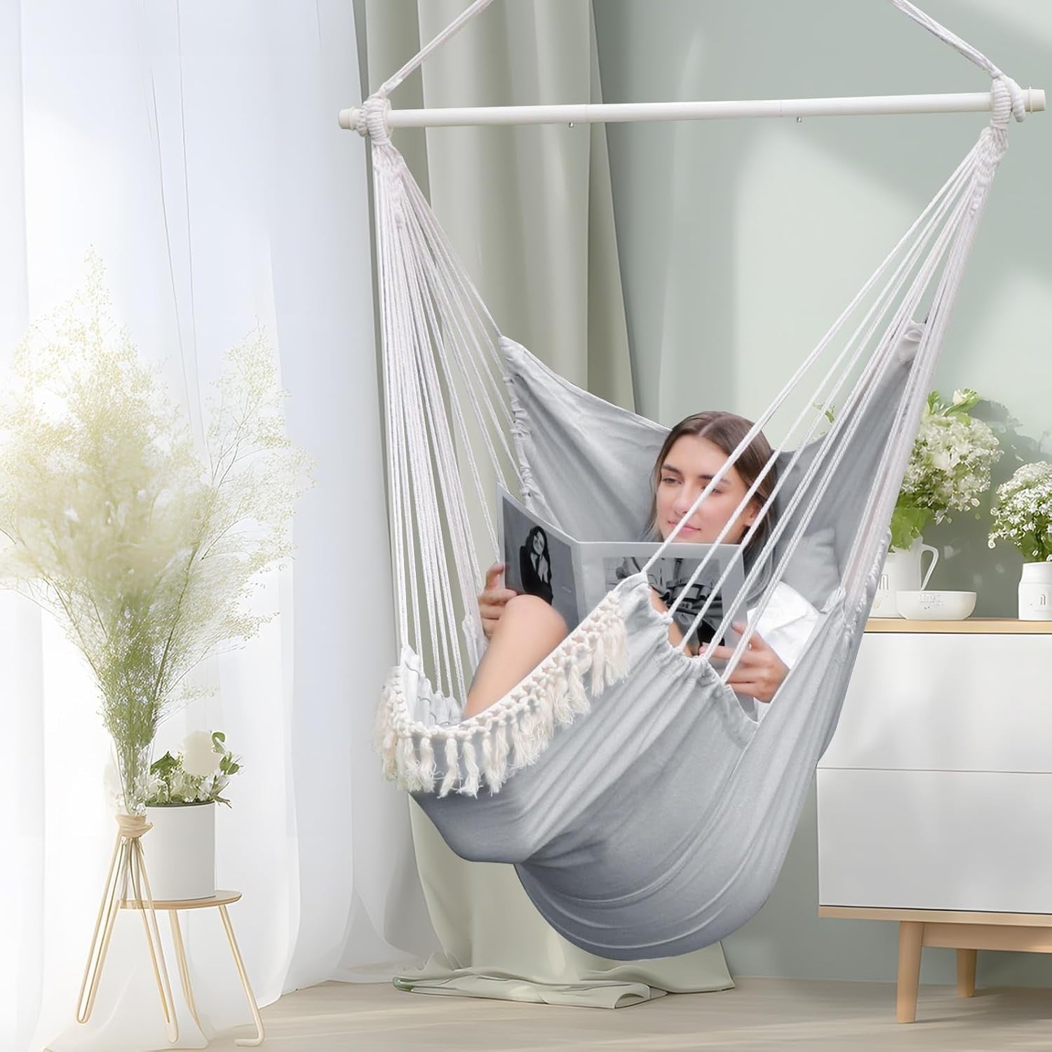 Luxury Hammock Chair with Footrest & 2 Cushions | 550lbs Indoor Outdoor Seat