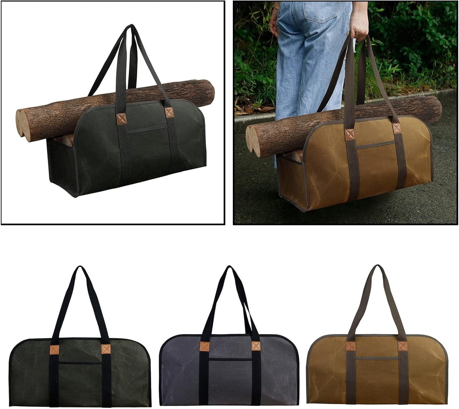 Large Canvas Firewood Tote Bag - Durable Outdoor Wood Carrier with Handles