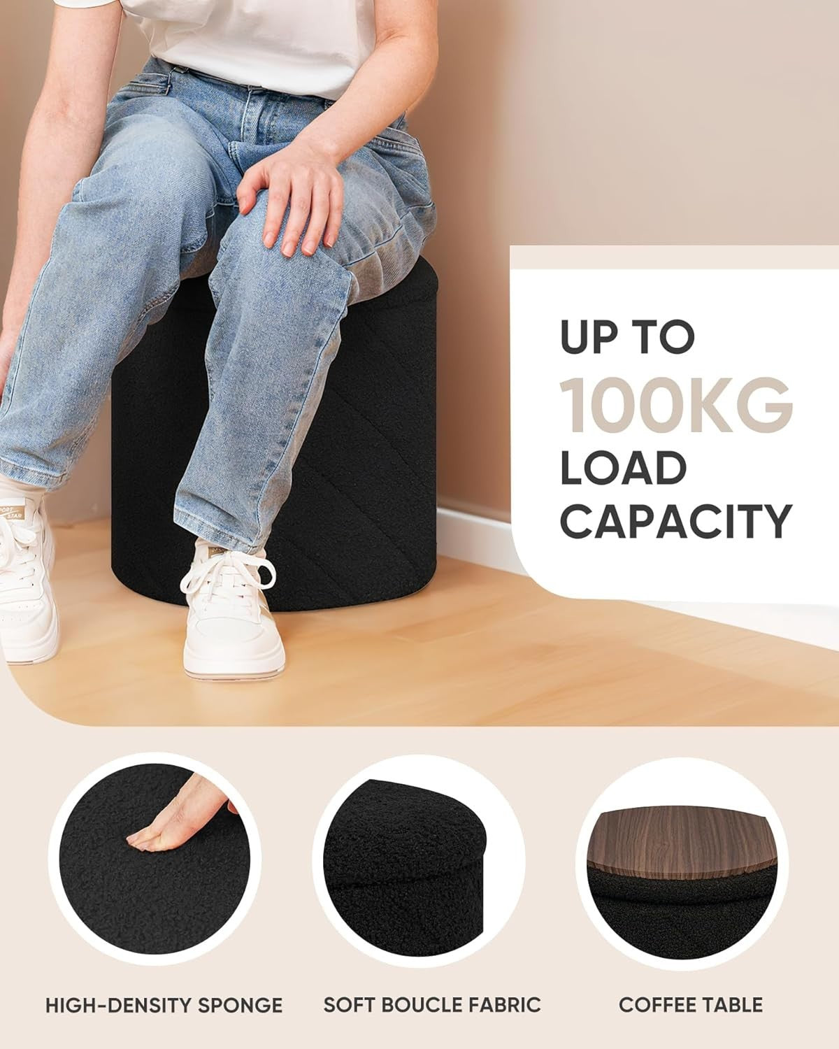 Black Boucle Round Storage Ottoman Stool Folding Footrest Vanity Seat