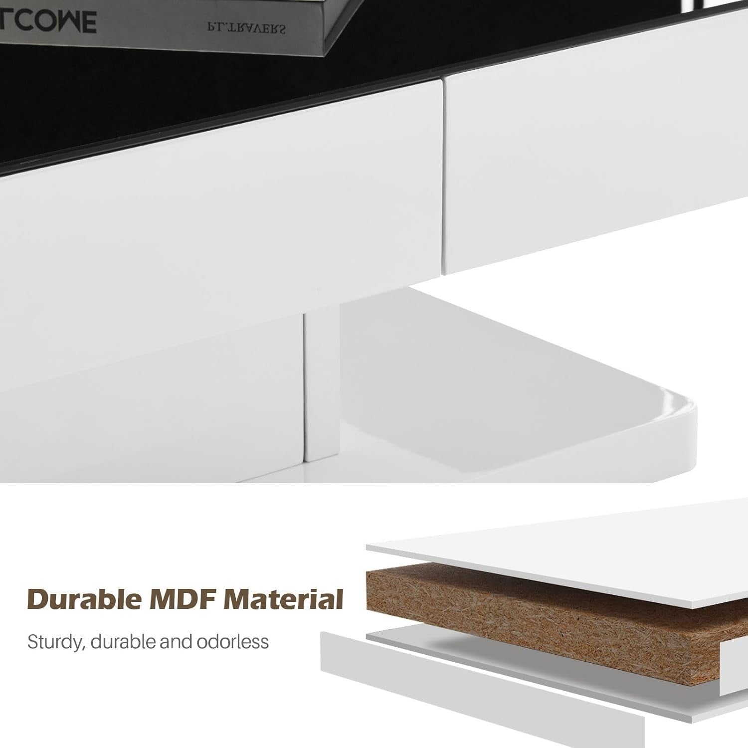 High Gloss Tempered Glass Coffee Table with 2 Drawers Storage 100x60cm