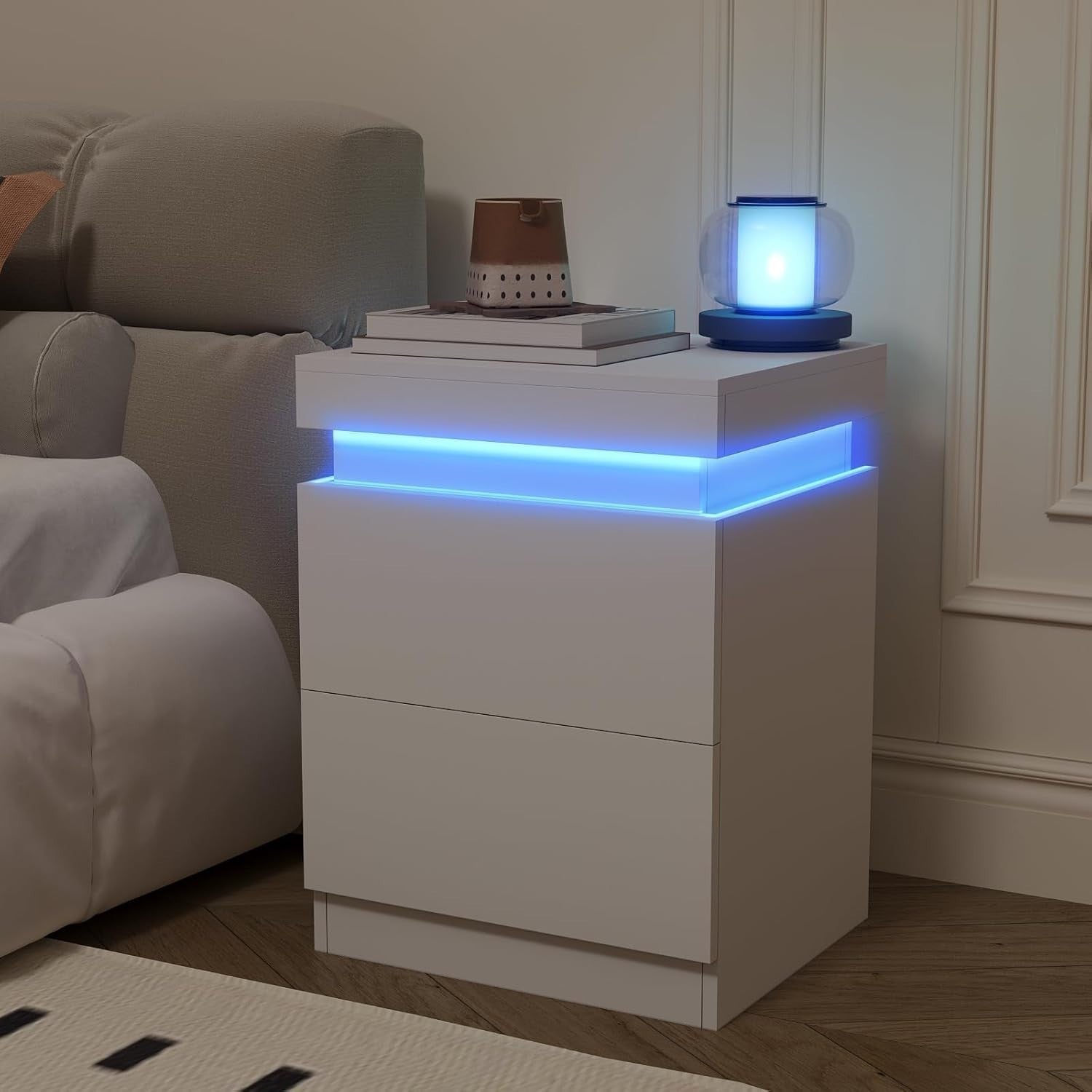 Modern LED Bedside Tables Set of 2 with USB Charging | White 2 Drawer Nightstand