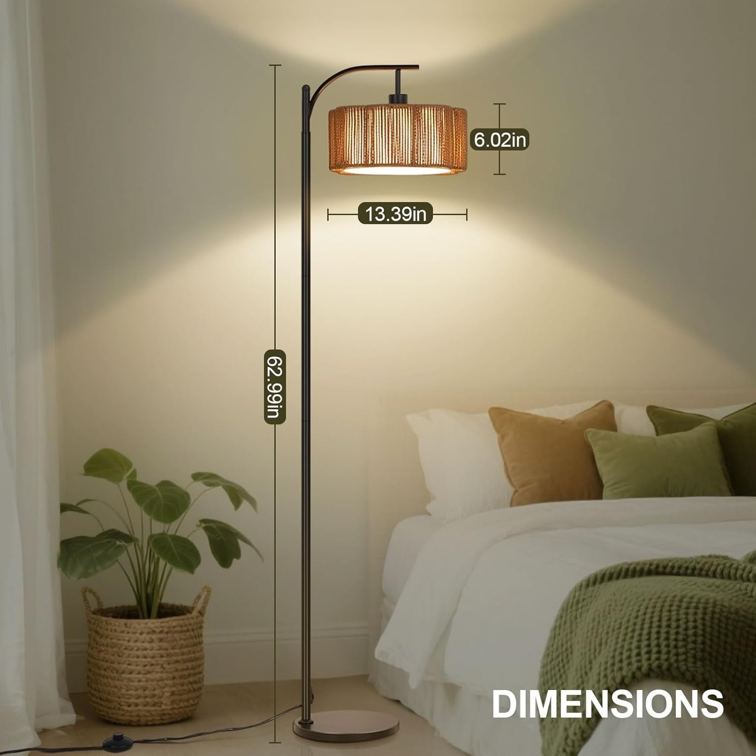Rattan Boho Floor Lamp Dimmable 3 Colour Standing Light Foot Switch