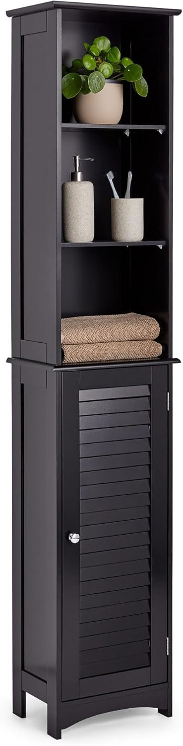 Slim Tall Bathroom Storage Cabinet with Door & 6 Shelves – Black Unit