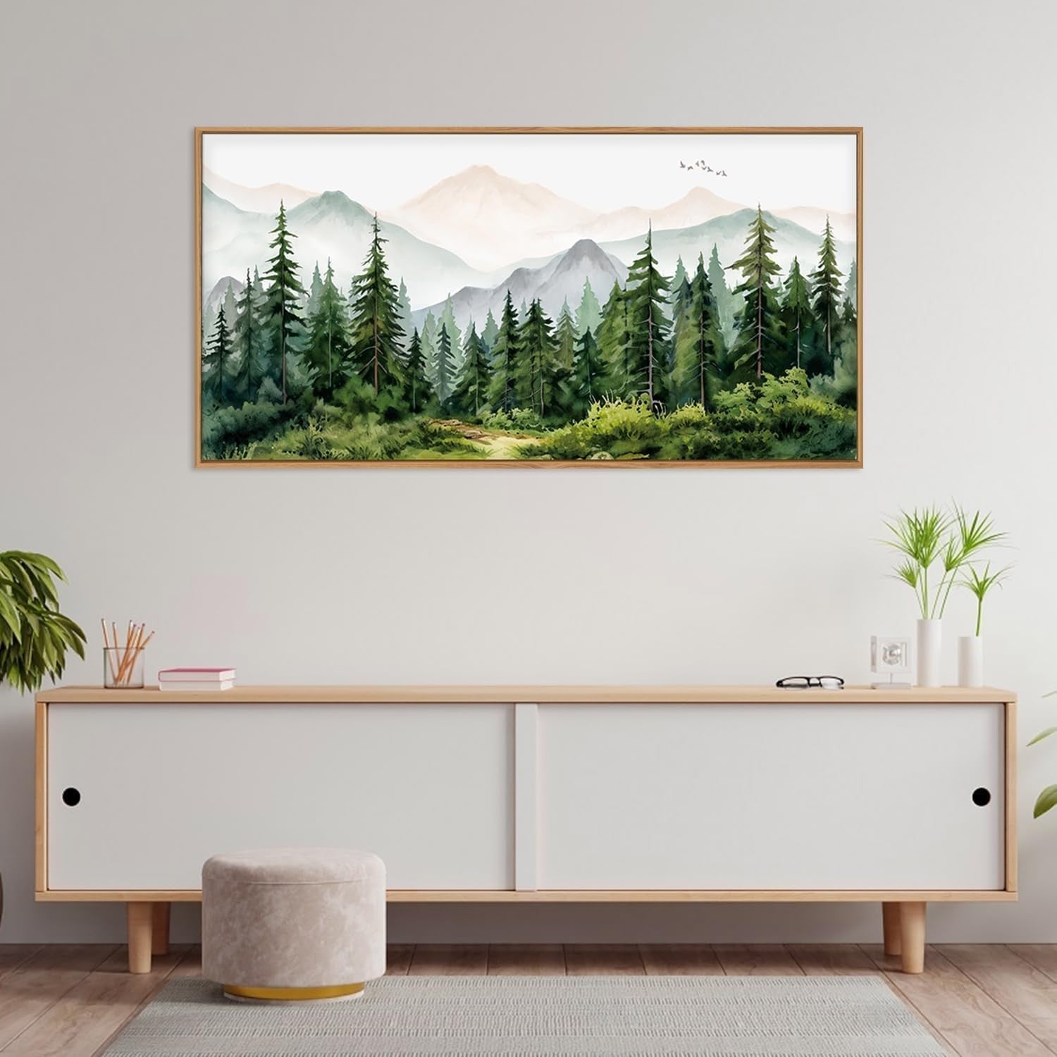 Forest Mountain Canvas Wall Art Framed Watercolor Nature Landscape Print 20x40