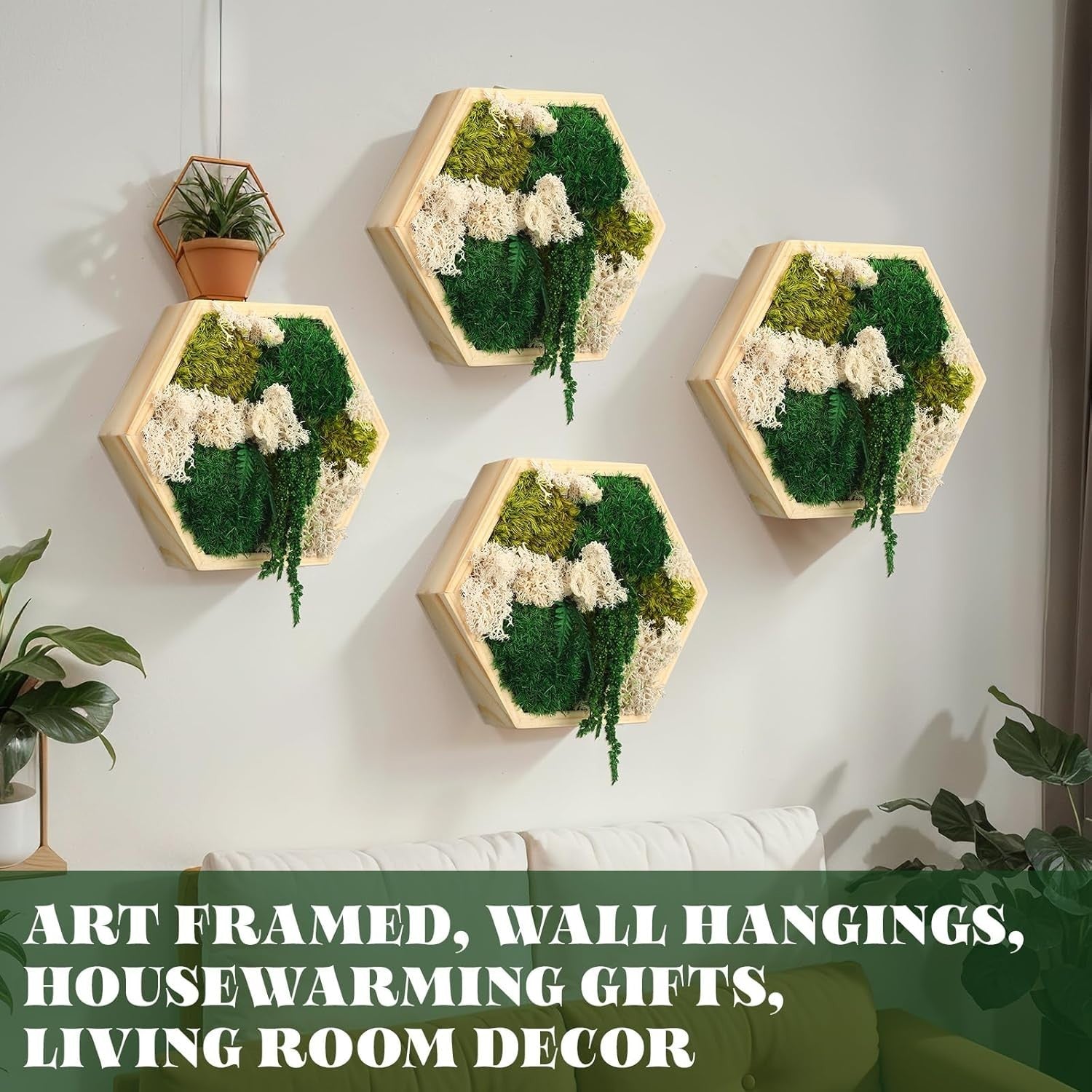 3Pc Moss Wall Art Hexagon Wood Frame Green Decor Hanging Set