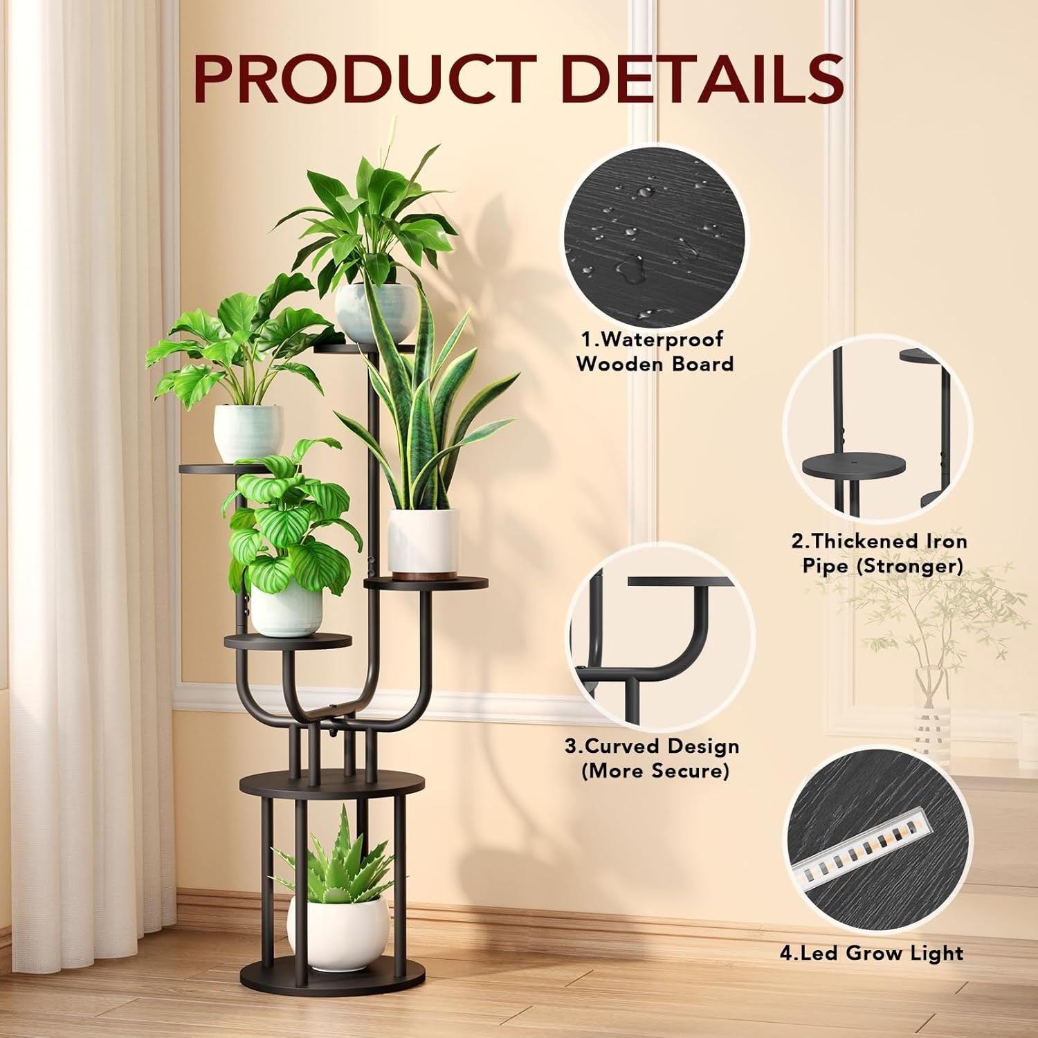 6 Tier Tall Metal Wood Plant Stand Indoor Corner Shelf Rack with Grow Light