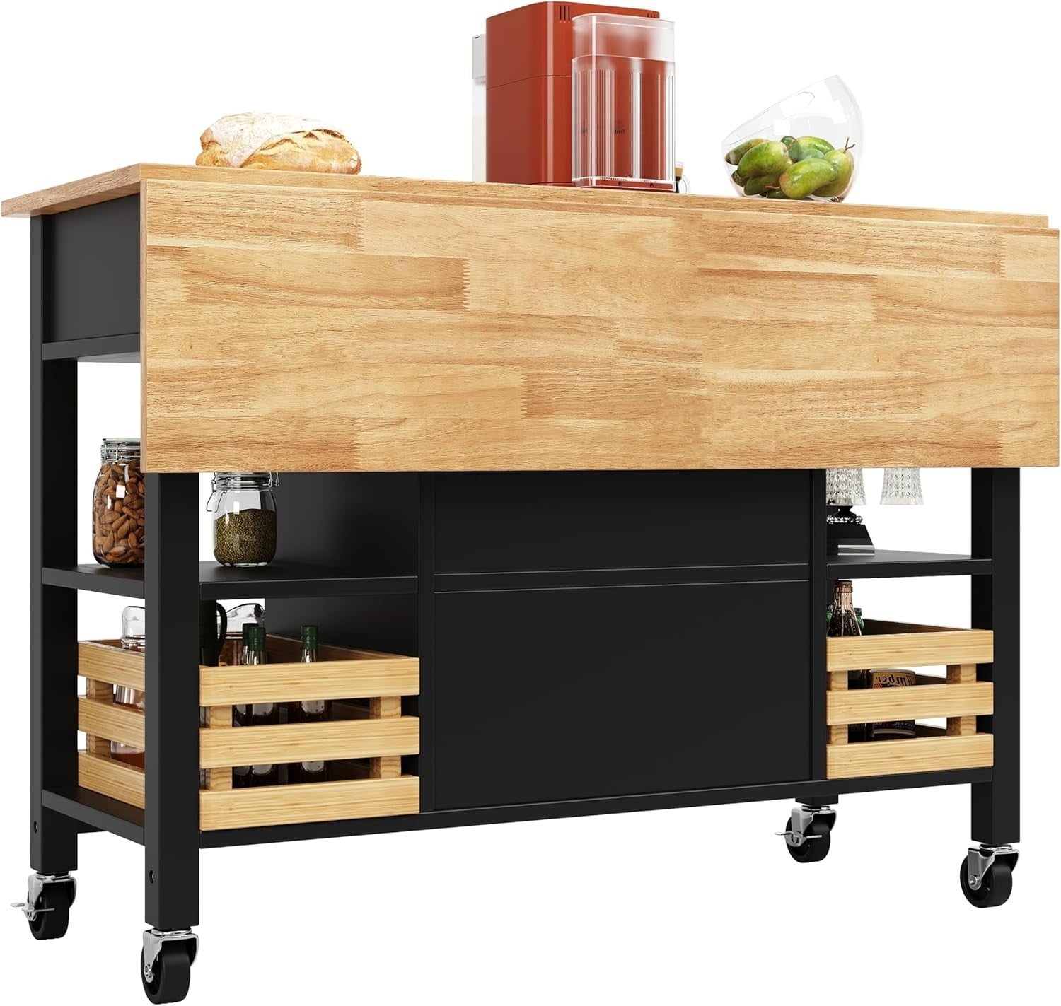 Black Rolling Kitchen Island Cart Foldable Table