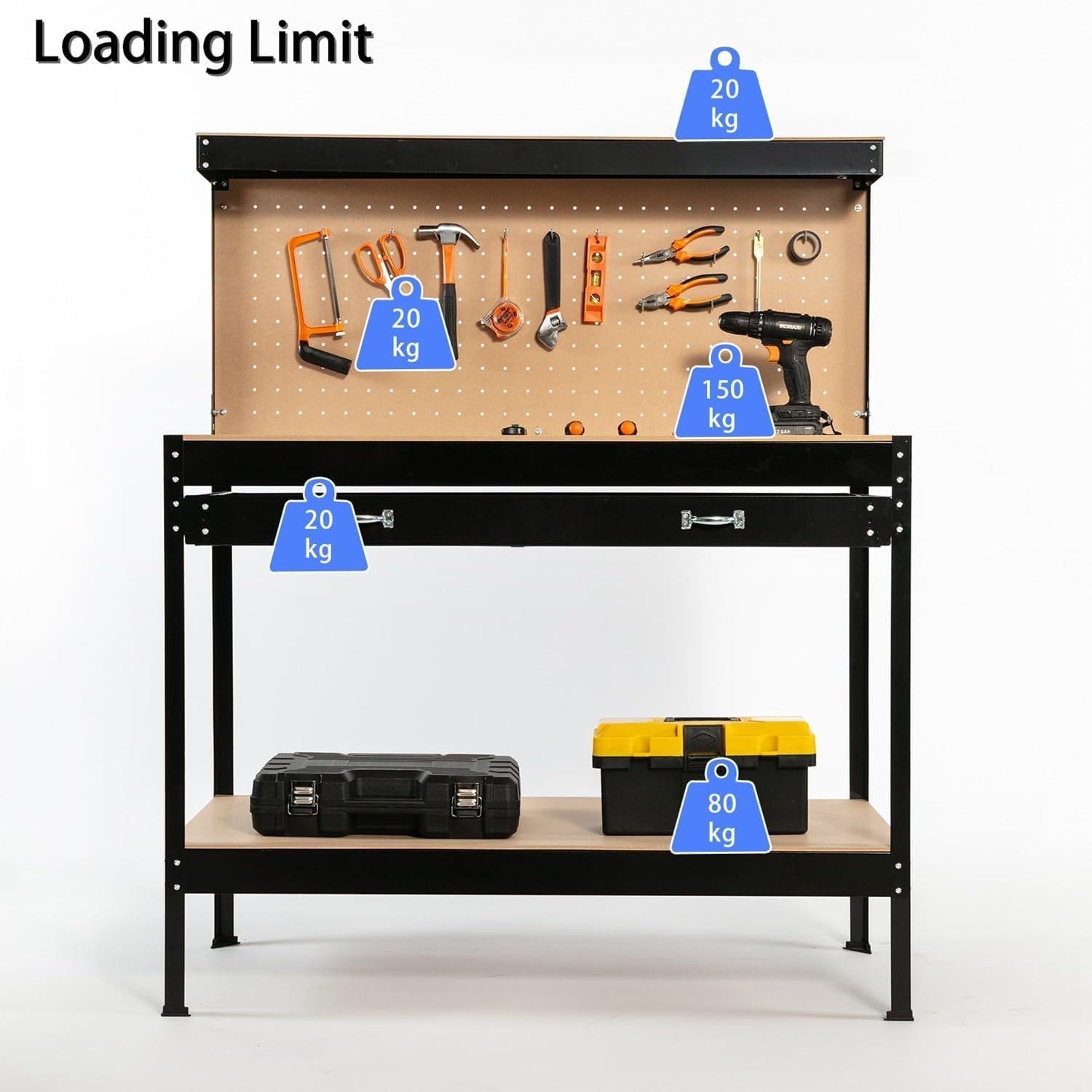 Black Steel Garage Workbench Tool Station w/ Drawer Pegboard Shelf DIY Setup