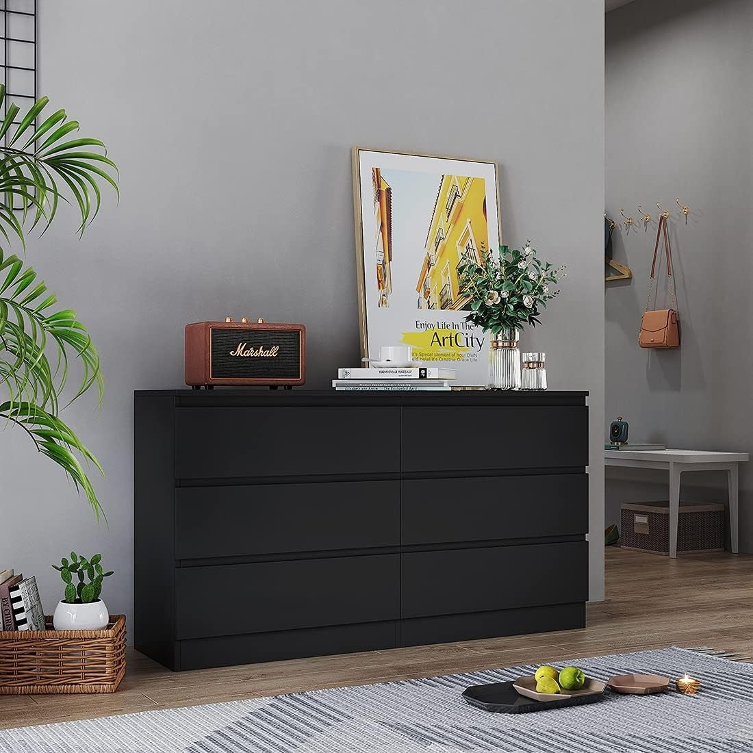 Wide 6 Drawer Black Chest Modern Bedroom Storage Cabinet Large Dresser