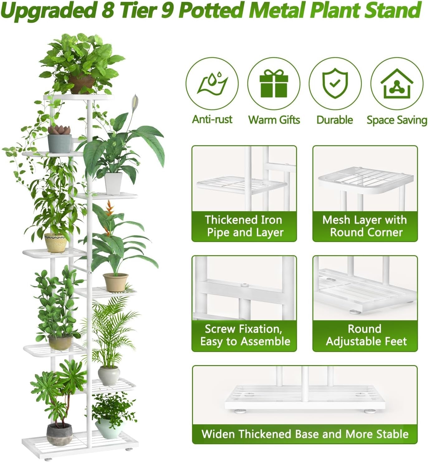 8 Tier White Metal Plant Stand Tall Indoor Outdoor Flower Shelf with Tools Set