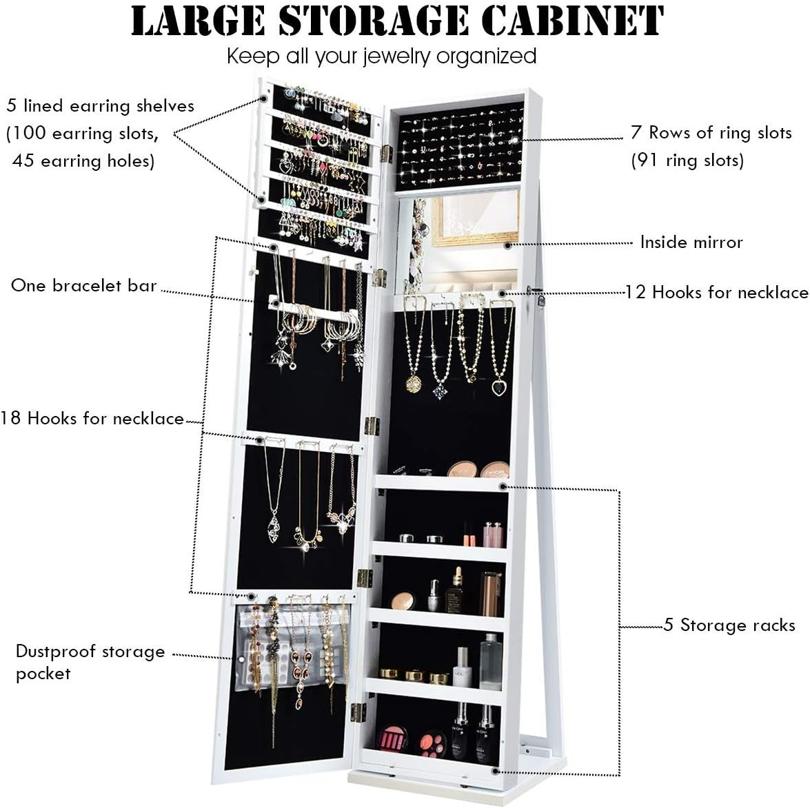 White Lockable Jewelry Cabinet Mirror 3-in-1 Freestanding Storage