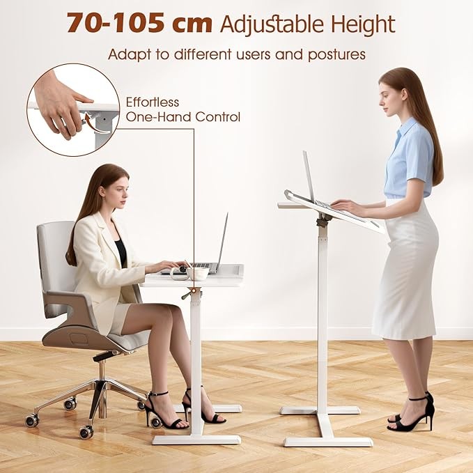 Mobile Laptop Table Height Adjustable C Shaped Desk with Wheels White 68x40cm