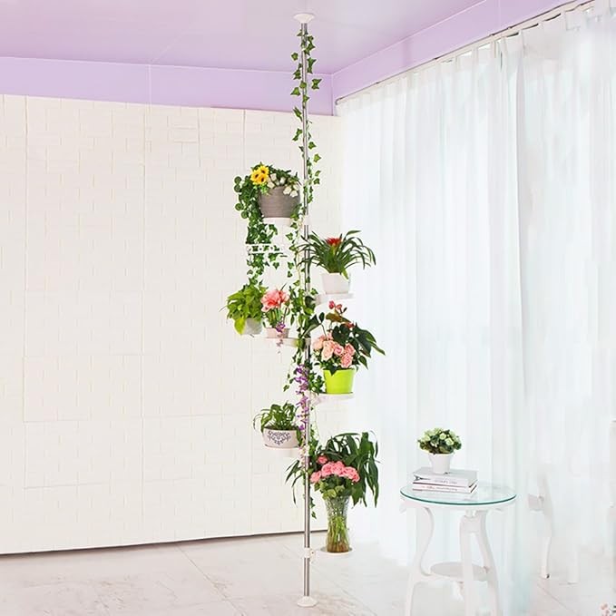 Adjustable Tension Pole Plant Stand 6 Tier Indoor Hanging Rack with Trays Ivory