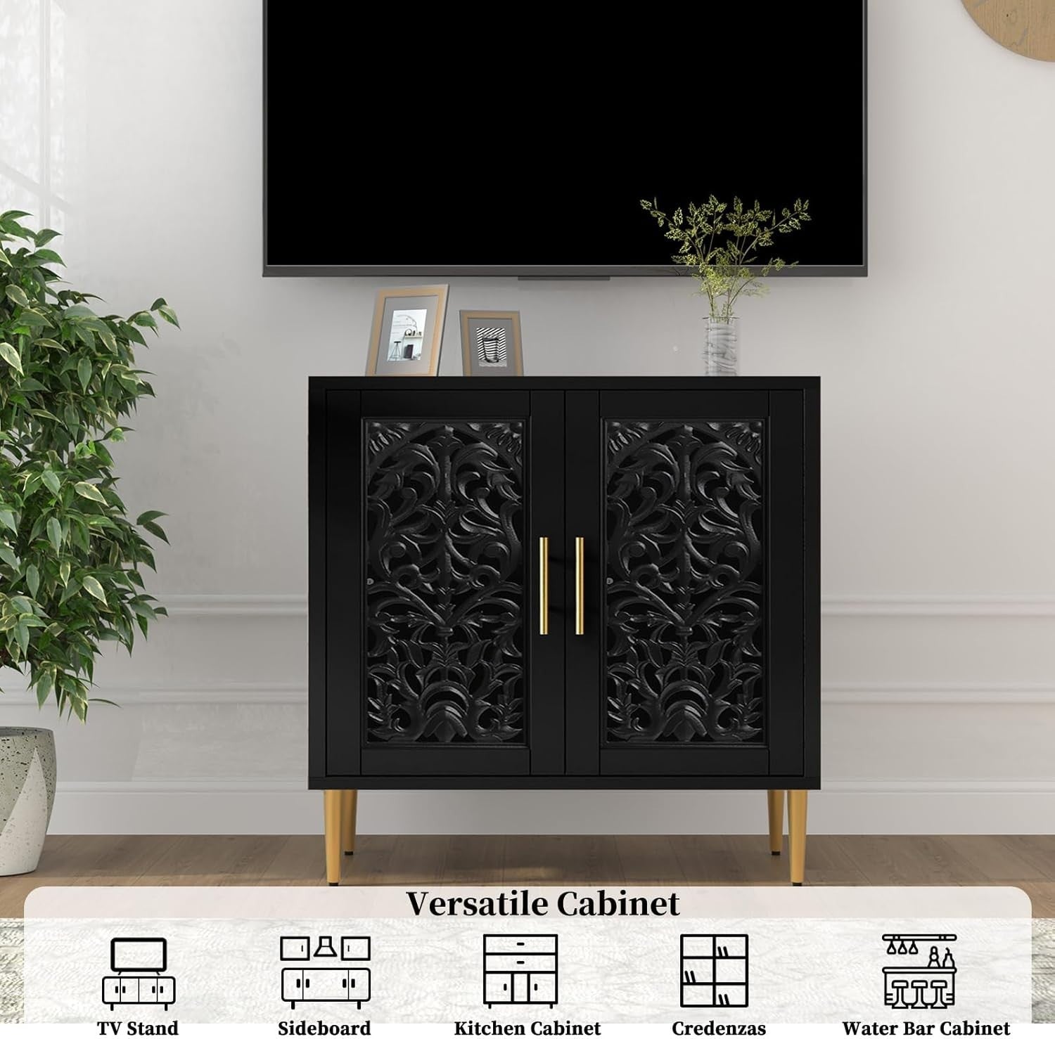 Black Vintage Sideboard Cabinet 2 Door Carved Storage Unit Hallway Accent