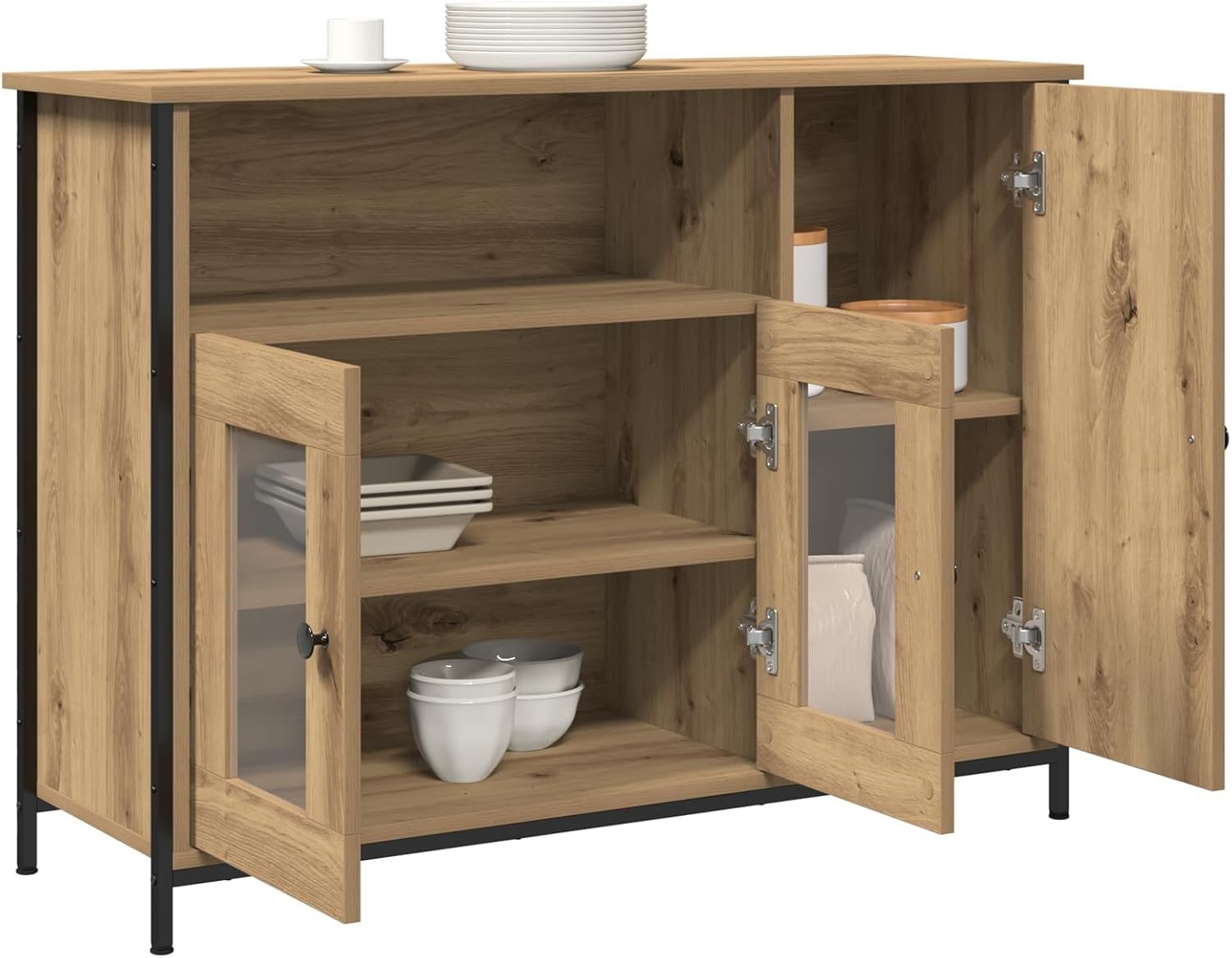 Oak Sideboard Cabinet Glass Doors Storage Unit Modern Wood Buffet Table
