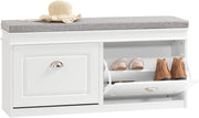 White Shoe Storage Bench with Cushion Seat & 2 Flip-Drawers – Slim Hallway Cabin