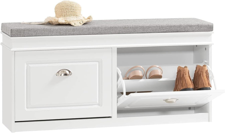 White Shoe Storage Bench with Cushion Seat & 2 Flip-Drawers – Slim Hallway Cabin