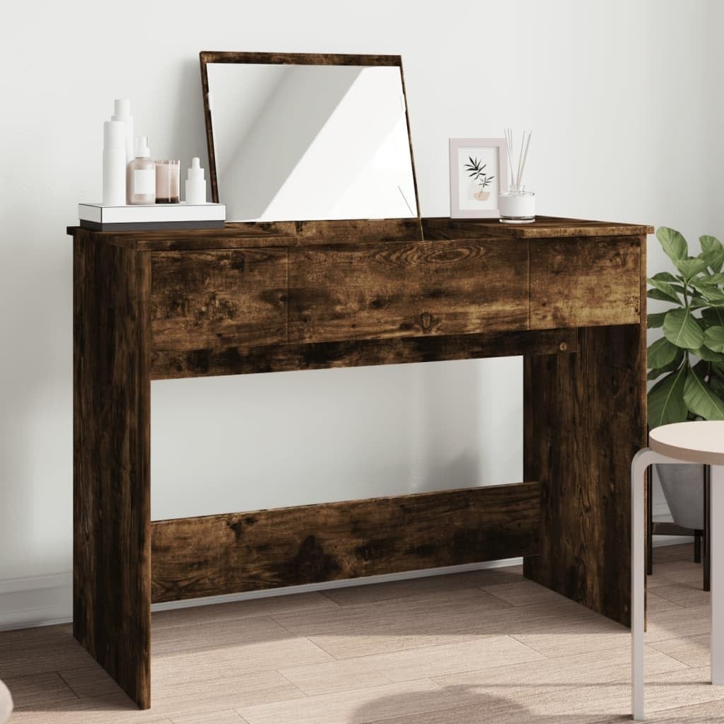 Modern Vanity Desk Smoked Oak Makeup Table Mirror Storage Wood Style